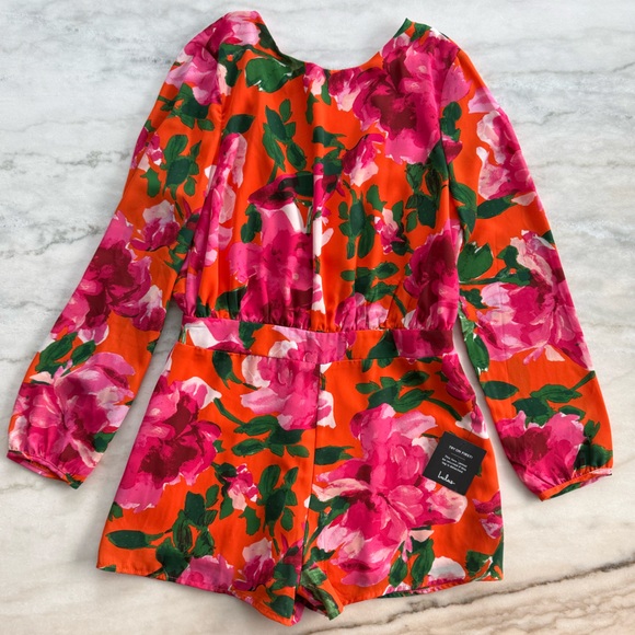 Lulus Women’s Sweetest Song Orange Floral Print Backless Long Sleeve Romper - Picture 6 of 15